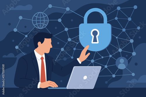 Businessman Securing Data Privacy, Cyber Security Network, Padlock Icon, Internet Technology, Protecting Personal Information, Laptop, Digital Safety, Vector Illustration