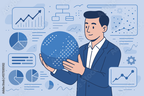 Data science analytics concept. Businessman holding big data globe. Analyzing statistics, charts, graphs, algorithm development, information visualization, virtual interface, modern technology