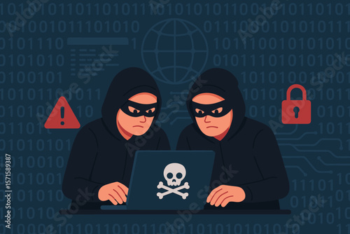 Cyber attack teamwork concept. Two hackers in hoodies using laptop with skull icon. Binary code, warning, padlock, coding interface. Cybercrime, data breach, internet security threat