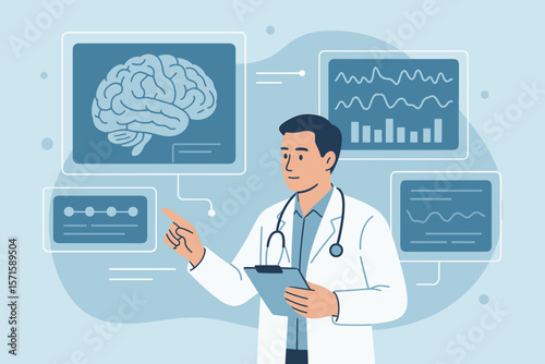 Neurologist Analyzing Brain Scan Results with Digital Interface, Medical Technology, Neuroscience Research, Doctor with Stethoscope, Data Visualization, Modern Healthcare Vector