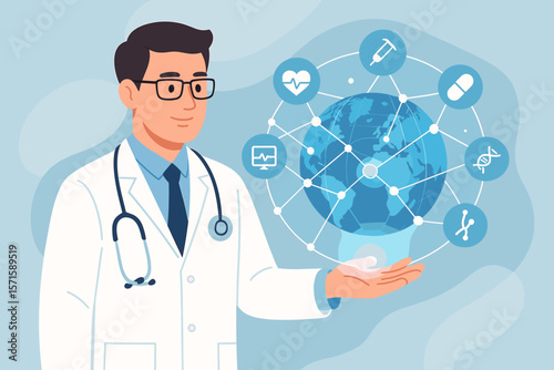 Doctor holding virtual globe with global healthcare network, medical innovation, science technology, smart digital health services, sustainable solutions, telemedicine concept
