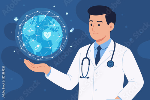 Doctor holding virtual globe with global healthcare network, medical technology innovation, digital health, telemedicine, sustainable smart solutions, science, worldwide services
