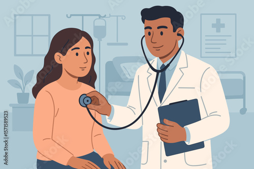 Doctor examining patient with stethoscope, healthcare professional diagnosing symptoms, medical checkup, hospital consultation, quality patient care, clinical health service