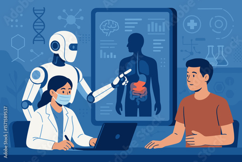 Artificial intelligence robot assists doctor diagnosing patient health problem. Innovative medical technology, digital healthcare, laboratory research, human anatomy, data analysis