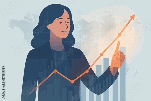Businesswoman Analyzing Financial Growth Chart, Stock Market Success, Economic Data, Global Trading, Investment, Double Exposure, Upward Trend, Bar Graph, World Map