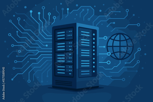 Futuristic Data Server and Circuit Network, Internet Technology, Big Data, Digital Connectivity, Global Communication, Modern Blue Abstract Vector Illustration