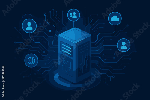 Futuristic Data Server and Digital Network Connections. Big Data, Cloud Computing, Internet Technology, Social Media, Circuit Board, Blue Isometric Vector Illustration