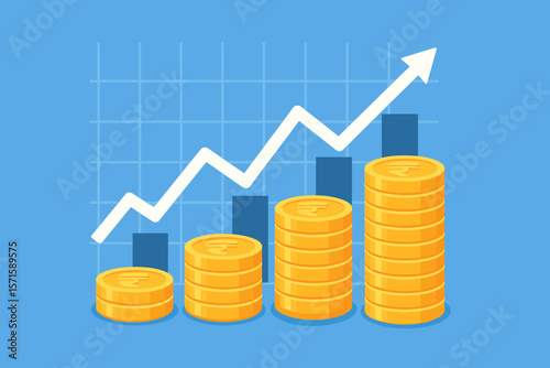 Financial Growth Chart with Stacks of Gold Coins, Rising Arrow, Investment and Currency Exchange Concept, Stock Market Success, Business Profit Increase, Blue Background Illustration