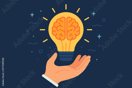 Hand Holding Glowing Light Bulb with Brain, Creative Idea, Innovation, Smart Thinking, Inspiration, Intelligence, Science, Knowledge, Futuristic Concept, Modern Flat Vector Illustration