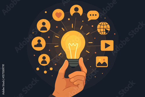 Hand Holding Glowing Light Bulb with Social Media Network, Multimedia Icons, Global Communication, Innovation, Creative Idea, Digital Marketing, Connection Concept, Modern Vector Illustration