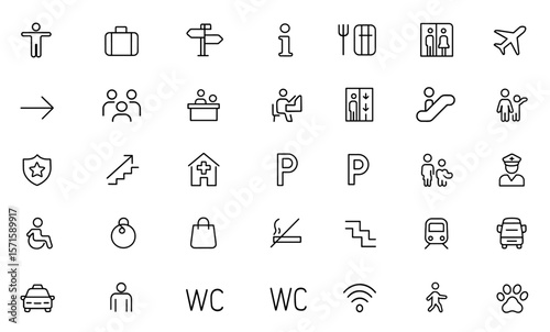Public navigation line editable icon set, transport direction location symbols, map pin path signage GPS wayfinding urban guide, vector illustration, city travel route icons, mobility.