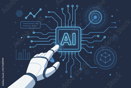 Robotic Hand Interacting with AI Interface, Artificial Intelligence Technology, Machine Learning, Digital Innovation, Futuristic Network, Automation, Data Analysis, Cybernetics