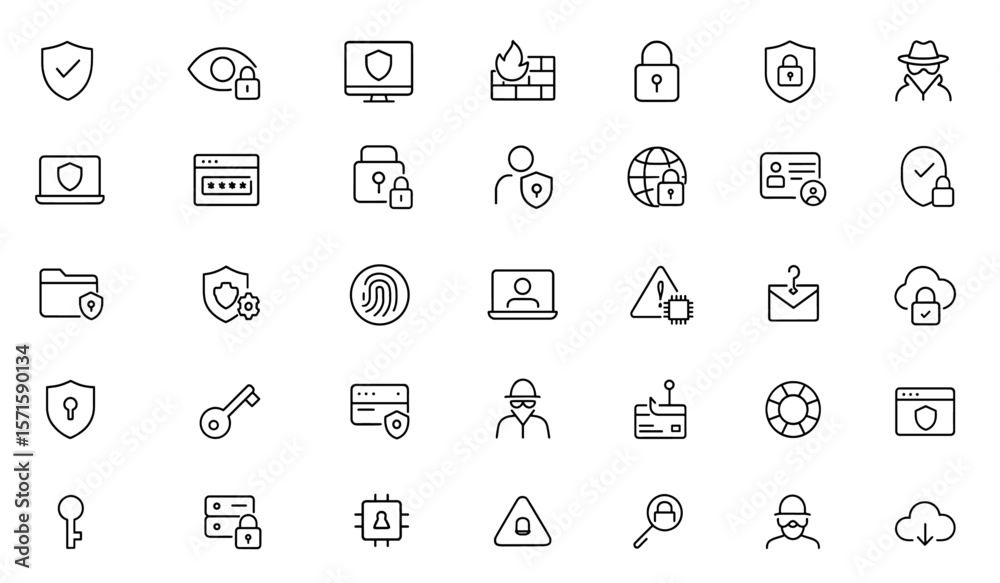 Data protection line editable icon set, privacy, cyber security, firewall, secure access, encryption, user safety, internet lock, personal info security, vector illustration, network, breach, scam.