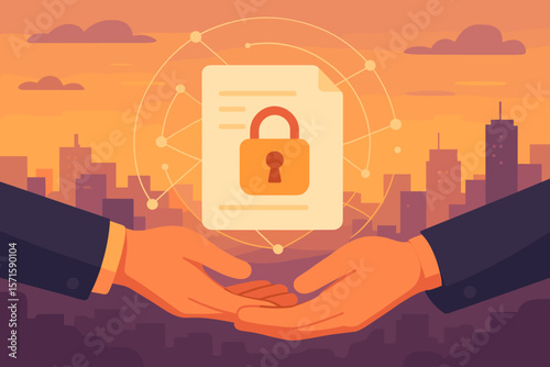 Secure Data Exchange, Protected Document Transfer, Network Connection, Big Data, Online Storage, Cybersecurity, Cityscape, Business Hands, Digital Privacy, Vector Illustration