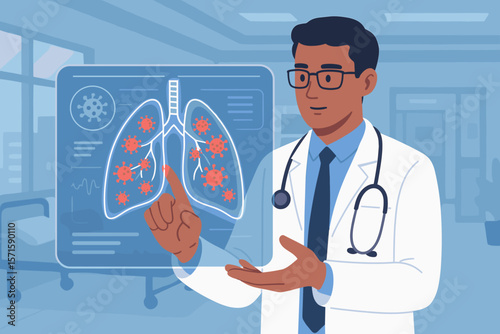 Doctor Diagnosing Lungs with Coronavirus Infection Using Virtual Interface, Covid-19 Medical Technology, Digital Healthcare Analysis in Modern Hospital Environment
