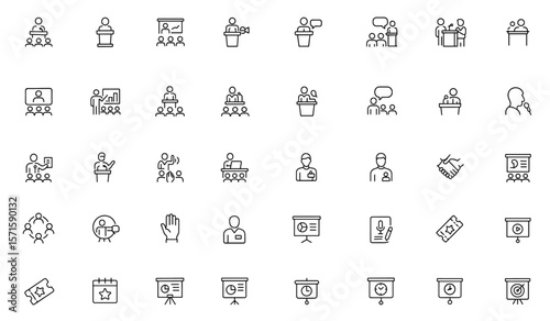 Conference icon set, seminar symbols, speaker podium, business event icons, audience interaction, keynote session, public speaking concept, vector illustration, presentation, workshop, meeting.