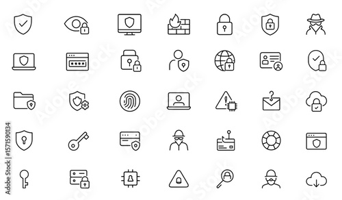 Data protection line editable icon set, privacy, cyber security, firewall, secure access, encryption, user safety, internet lock, personal info security, vector illustration, network, breach, scam.