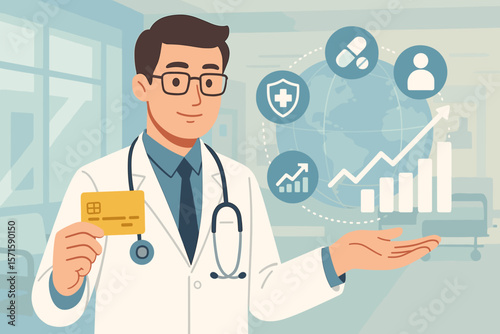 Doctor Holding Credit Card, Healthcare Business Finance, Medical Insurance, Banking, Data Analytics, Global Growth, Medicine, Financial Technology, Hospital, Stethoscope, Graph, Network