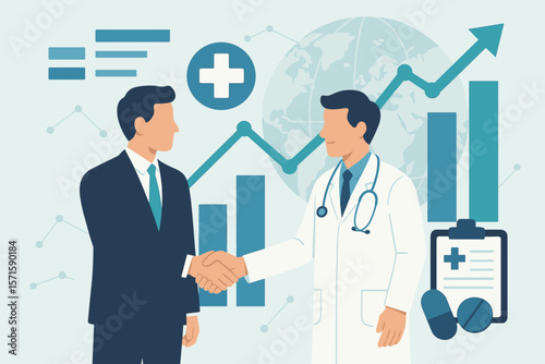 Global Healthcare Business Growth, Medical Insurance Partnership, Doctor and Businessman Handshake, Data Analysis, Medicine, Medical Chart, Health Network, Financial Success