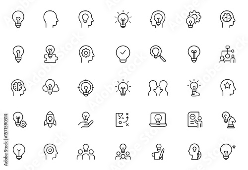 Idea line editable icon set, creative concept, brainstorming, innovation, light bulb, solution, intelligence, process thinking, imagination, strategy, smart idea, vector illustration.