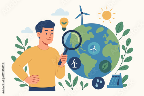 Man with Magnifying Glass Exploring Global Renewable Energy Sources, Sustainable Consumption, Ecology, Wind Turbine, Hydropower, Solar, Environmental Conservation, Modern Vector Illustration