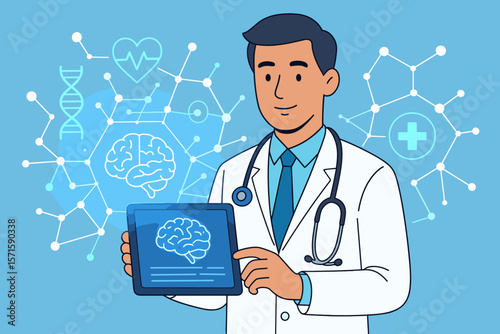 Doctor holding digital tablet displaying brain scan, electronic medical record, DNA analysis, digital healthcare, medical technology, science, neurology, network interface