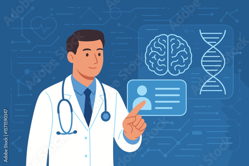 Medical doctor interacting with electronic health record on virtual screen, brain analysis, DNA helix, digital healthcare technology, network connection, modern medicine concept