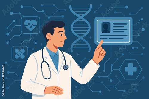 Doctor accessing electronic medical record on digital interface. DNA helix, healthcare technology, patient data, medical innovation, virtual health network, diagnostics concept