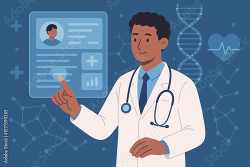 Medical doctor analyzing electronic patient records on digital interface, healthcare technology, DNA, virtual medical data network, stethoscope, innovation, diagnosis concept