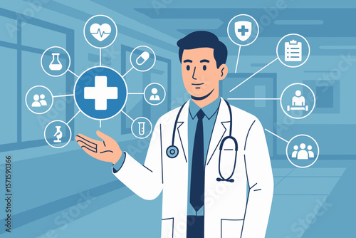 Medical Doctor with Stethoscope Presenting Healthcare Network, Medical Cross, Innovation, Hospital Background, Digital Health Technology, Patient Care, Modern Medicine Concept