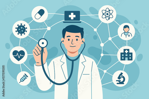 Medical Doctor with Stethoscope, Healthcare Network Icons, Pandemic Awareness, AI Technology, Medical Treatment, Health Monitoring, Science Innovation