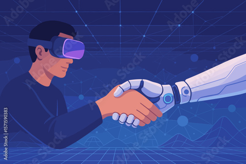 Human and Robot Handshake in Metaverse Network, Virtual Reality Collaboration, Futuristic Technology Partnership, AI Integration, Digital Transformation, Innovation Concept