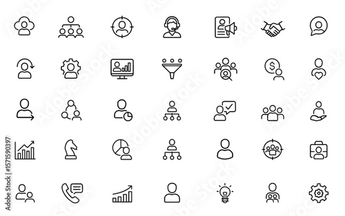 CRM icon set, customer relationship management line editable icons, marketing, strategy, report, data analysis, client management, audience insights, sales funnel, vector illustration.