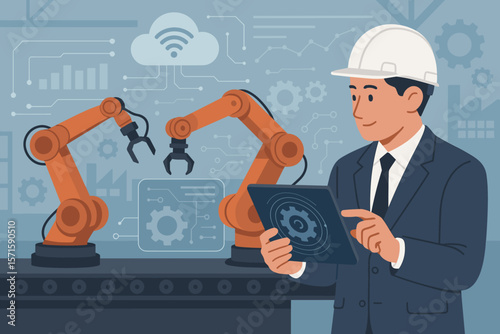 Robotics engineer manager controlling industrial robotic arms with tablet in smart factory. Automation, manufacturing technology, virtual interface, Industry 4.0, digital transformation