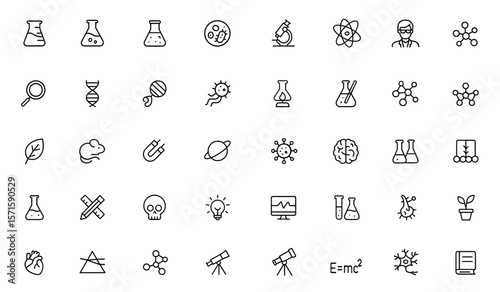 Science line editable icon set, laboratory equipment, chemistry, physics, biology, scientific research, experiment tools, education, scientist icons, vector illustration.