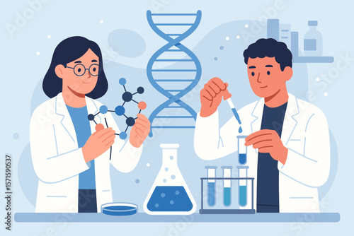 Scientists conducting laboratory research with molecule model, DNA helix, chemical liquids, test tubes, pipette, teamwork, biotechnology, medical science experiment