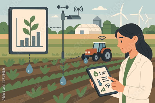 Smart Agriculture Technology Concept. Precision Farming, IoT Sensors, Data Analysis, Automated Irrigation, Digital Tablet, Modern Tractor, Sustainable Crop Management, Renewable Energy, Wind Turbines