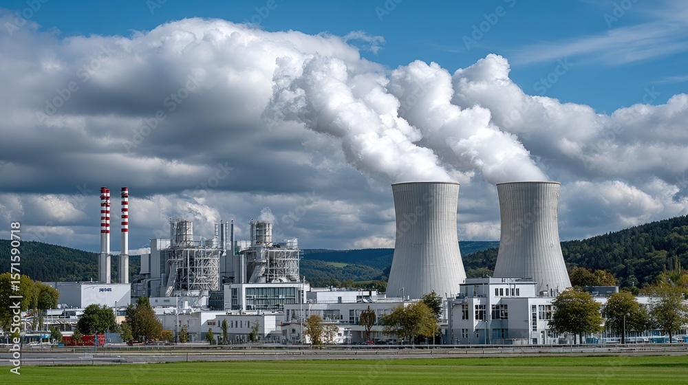 A nuclear power plant is nestled in vibrant green fields, with lush hills and a clear blue sky offering a serene backdrop A nuclear power plant is nestled in vibrant green fields, with lush hills and a clear blue sky offering a serene backdrop