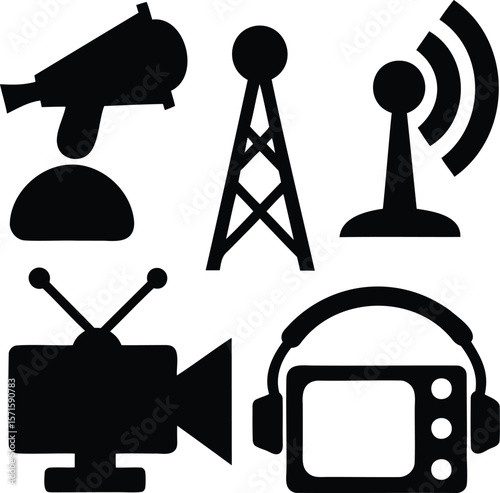 Black Vector Icons Set Featuring Media Broadcasting Tools Like Satellite, Antenna, Camera, and TV Display