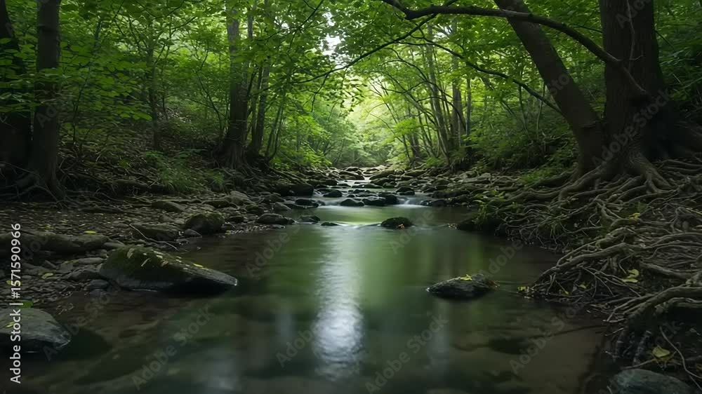 Forest stream flowing through lush greenery Forest stream flowing through lush greenery