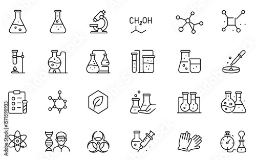 Chemistry line editable icon set, laboratory flask, reaction tube, microscope, chemical formula, molecular structure, experiment, biotechnology research, science icons, vector illustration.
