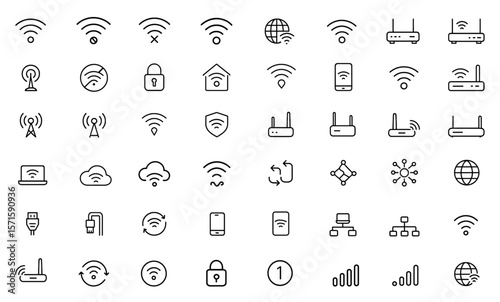 Wifi line editable icon set, wireless internet symbols, online and offline signal connection, hotspot and router, technology communication network, vector illustration, web, computer, connectivity.