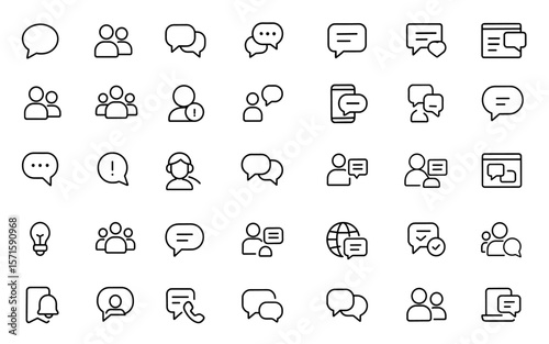 Editable line icons for online conversation, discussion, dialogue, forum, group messaging, messaging interface, user interaction, customer support, social communication vector illustration.