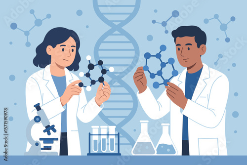 Scientists in laboratory conducting molecular biology research with DNA helix, molecule models, test tubes, microscope, biotechnology, medical science, chemistry background