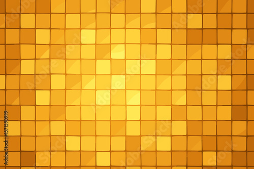 Radiant Golden Mosaic Glass Tile Pattern. Shiny Abstract Geometric Background. Modern Vector Illustration. Glowing Yellow Squares. Seamless Decorative Wall Texture. Luxury Interior Design.