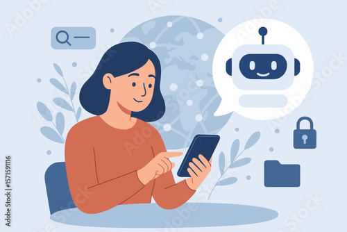 Woman Using Smartphone Chatbot for Secure Online Data Access, AI Robot App, Global Network Connection, Search, Digital Customer Support, Cybersecurity, Technology Concept
