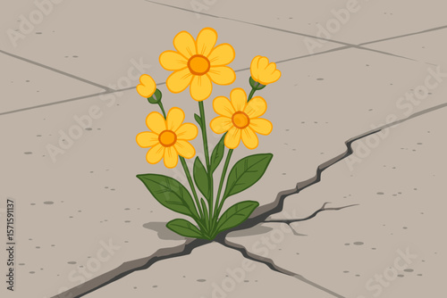 Resilient Yellow Flowers Blooming Through Cracked Concrete Pavement, Urban Survival, Hope, Perseverance, Nature Overcoming Adversity, Modern Vector Illustration