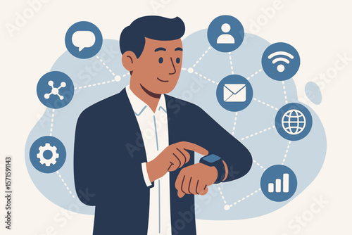 Businessman using smartwatch app for communication and network connection. Business technology and innovation concept with digital icons. Flat vector cartoon illustration.