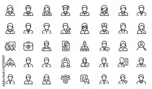 Editable professions line icons, career people avatars, staff characters, human resources symbols, workforce management icons, corporate team pack, vector illustration.