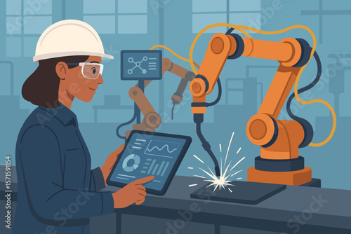 Female engineer operating welding robotic arms with digital tablet, monitoring automated machinery, smart factory automation, industrial IoT, manufacturing technology, data analysis